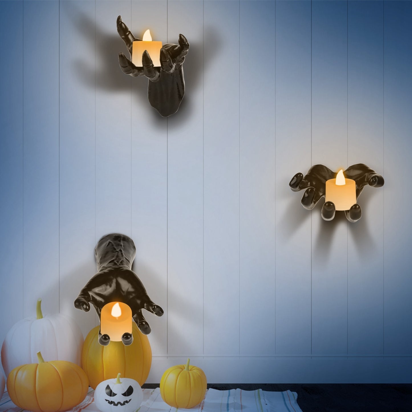 “3pcs Creepy Reaching Hands with LED Candles – Wall Mounted Halloween Decoration, Gothic Witch Devil Hand Horror Sculpture, Spooky Life-Sized Haunted House Decor”