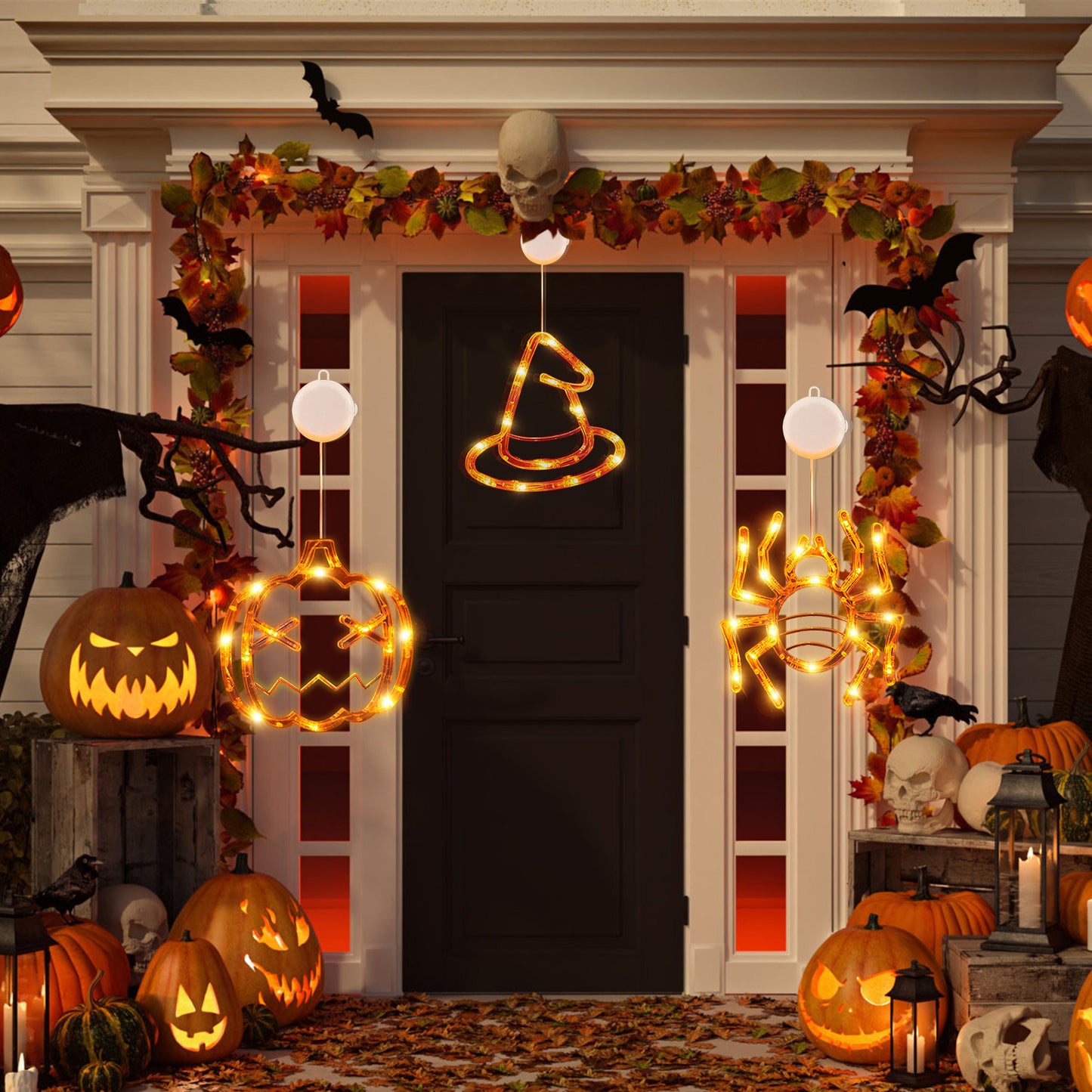 Halloween LED Window Lights 3-Pack – Spider, Witch Hat & Pumpkin Glow – Easy Hang Décor 🎃