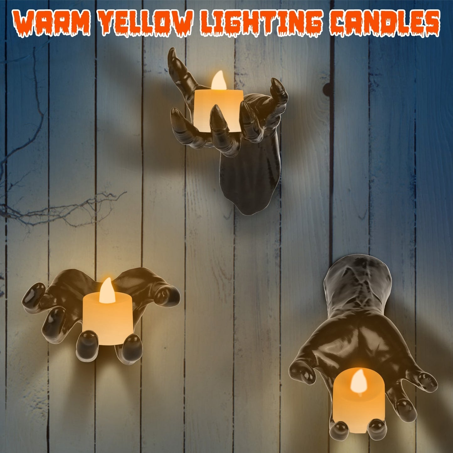 “3pcs Creepy Reaching Hands with LED Candles – Wall Mounted Halloween Decoration, Gothic Witch Devil Hand Horror Sculpture, Spooky Life-Sized Haunted House Decor”