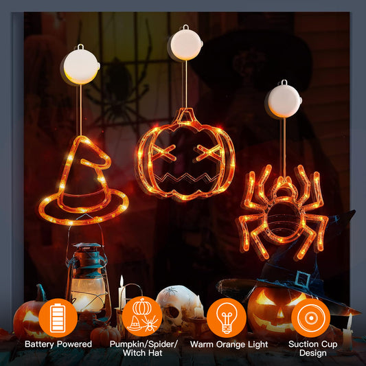 Halloween LED Window Lights 3-Pack – Spider, Witch Hat & Pumpkin Glow – Easy Hang Décor 🎃
