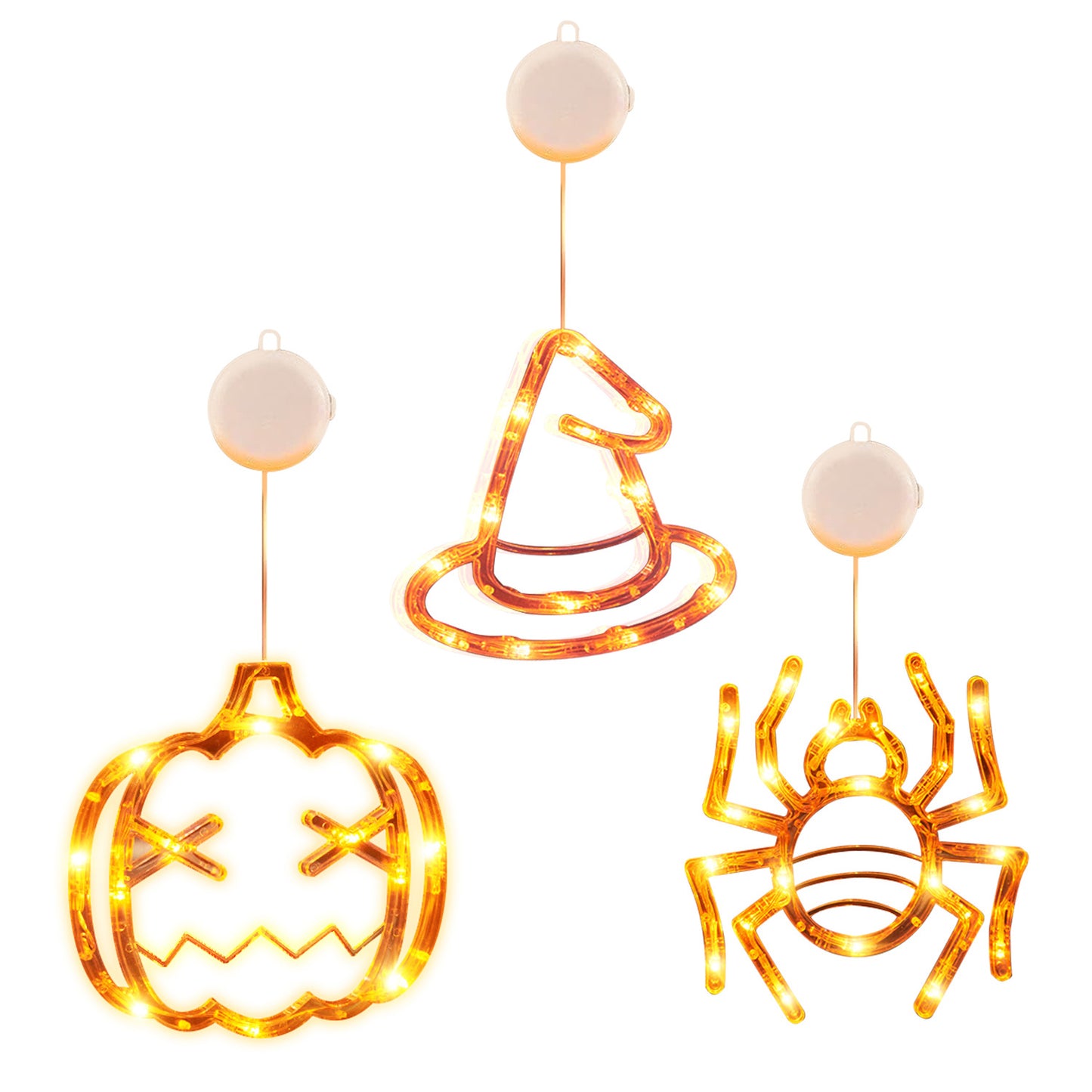 Halloween LED Window Lights 3-Pack – Spider, Witch Hat & Pumpkin Glow – Easy Hang Décor 🎃