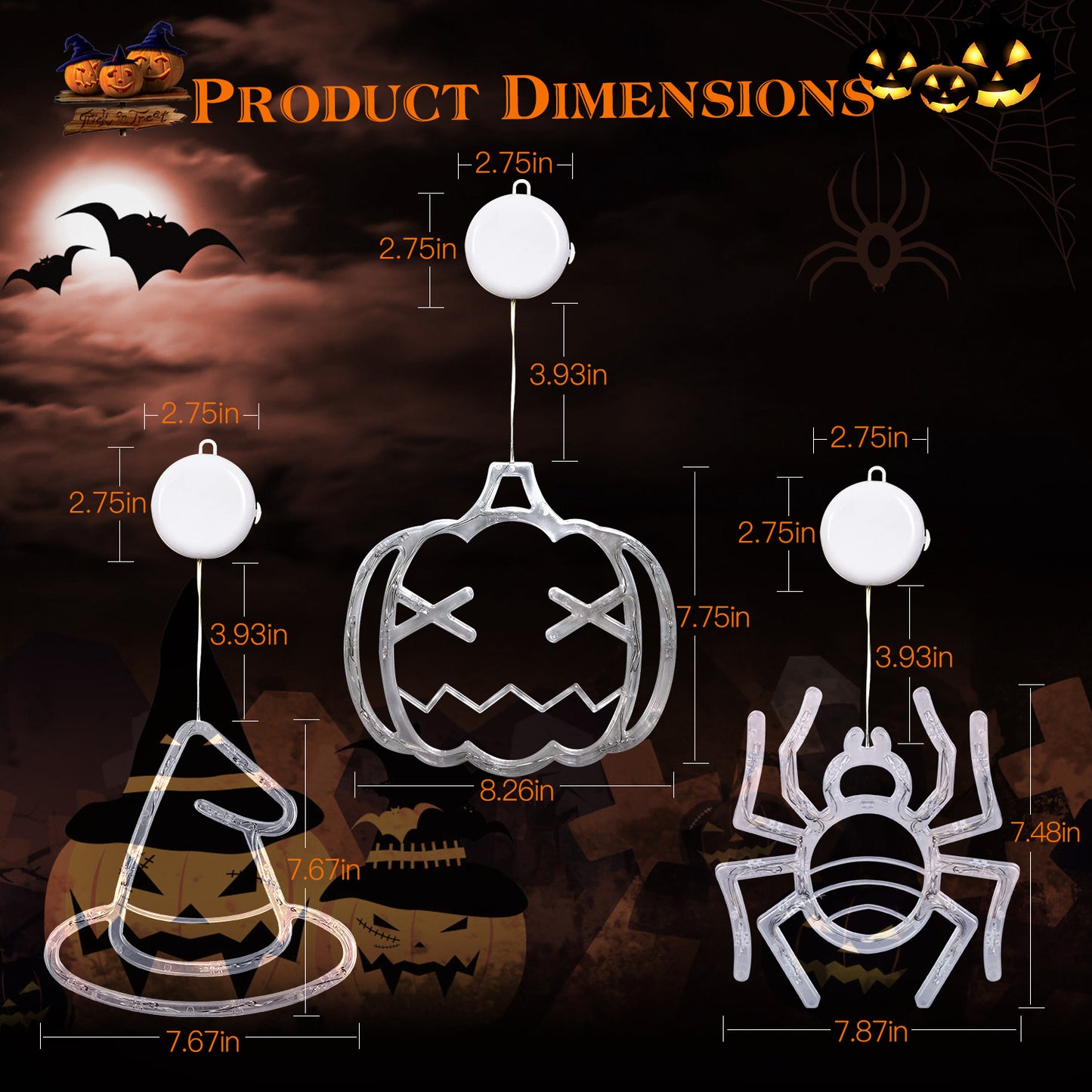 Halloween LED Window Lights 3-Pack – Spider, Witch Hat & Pumpkin Glow – Easy Hang Décor 🎃