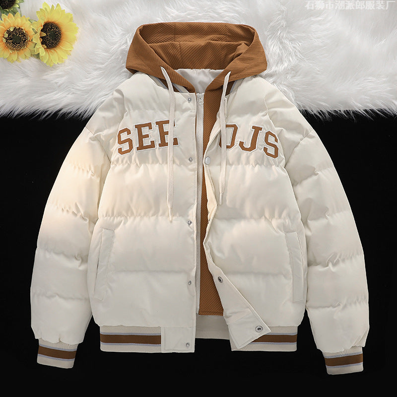 "Men's Winter Hooded Cotton Jacket 2023 – Trendy Thick Padded Coat, Stylish Warm Two-in-One Design – Fashionable Winter Wear for Men in the Netherlands"