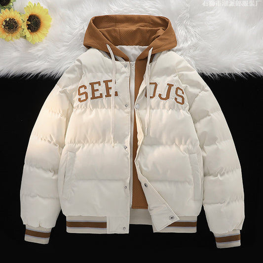"Men's Winter Hooded Cotton Jacket 2023 – Trendy Thick Padded Coat, Stylish Warm Two-in-One Design – Fashionable Winter Wear for Men in the Netherlands"