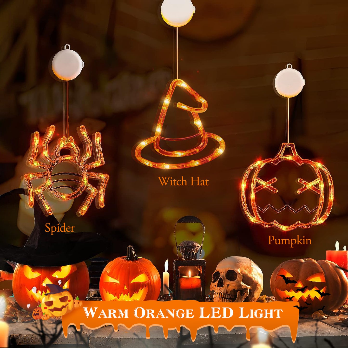 Halloween LED Window Lights 3-Pack – Spider, Witch Hat & Pumpkin Glow – Easy Hang Décor 🎃