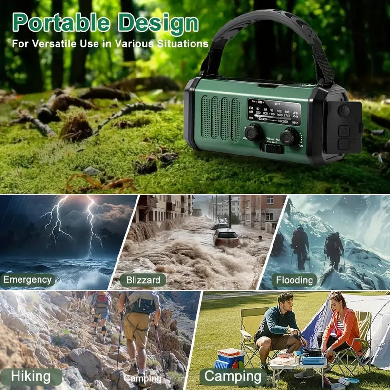Noodradio Engels - Met NL Handleiding - 2025 - Solar Powerbank - 10.000mAh - Opwindbaar - Noodalarm - Draagbare radio op batterij - Zaklamp - Noodpakket - Groen - Legergroen