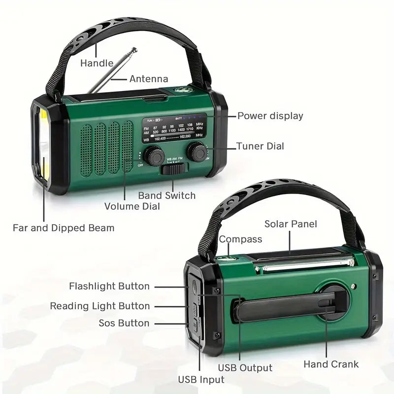 Noodradio Engels - Met NL Handleiding - 2025 - Solar Powerbank - 10.000mAh - Opwindbaar - Noodalarm - Draagbare radio op batterij - Zaklamp - Noodpakket - Groen - Legergroen