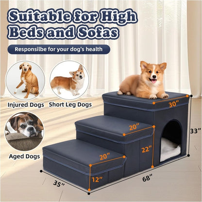 "Solidne Składane Schodki dla Psa z Przechowalnią – 3-Poziomowa Antypoślizgowa Rampka z Wytrzymałej Tkaniny Oxford, Idealna dla Małych i Średnich Ras, do Wysokich Łóżek i Kanap"