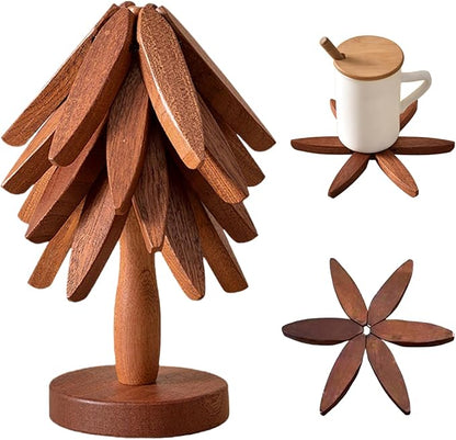 Luxury Wooden Christmas Tree Folding Coaster Set – Premium Black Walnut, Heat-Resistant & Smart Space-Saving Design
