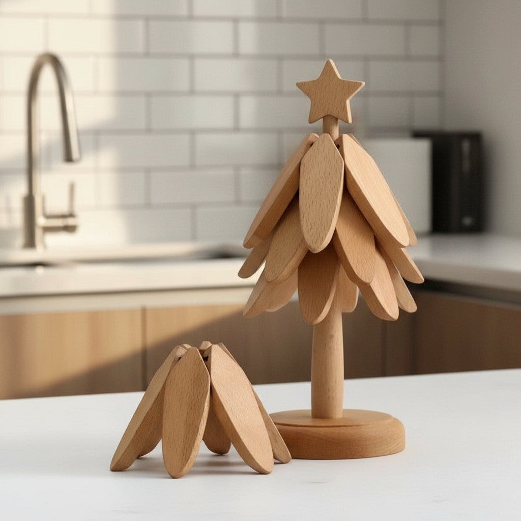Luxury Wooden Christmas Tree Folding Coaster Set – Premium Black Walnut, Heat-Resistant & Smart Space-Saving Design