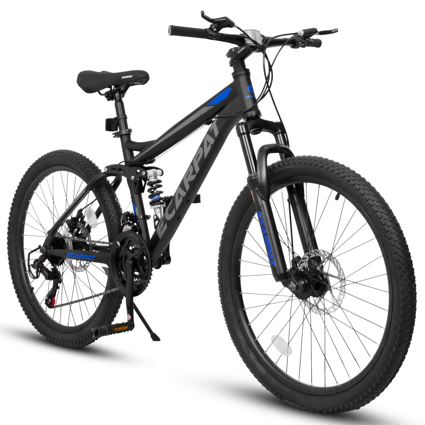Mountain Bike 21-Inch with Full Suspension, 21 Speed Grip Shifters, High Carbon Steel Frame Mechanical Disc Brakes Unisex for Men, Women Adults for Trails