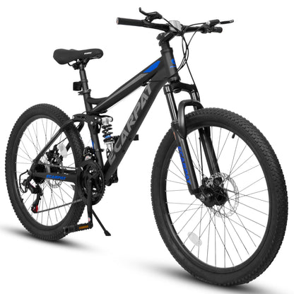 Mountain Bike 21-Inch with Full Suspension, 21 Speed Grip Shifters, High Carbon Steel Frame Mechanical Disc Brakes Unisex for Men, Women Adults for Trails