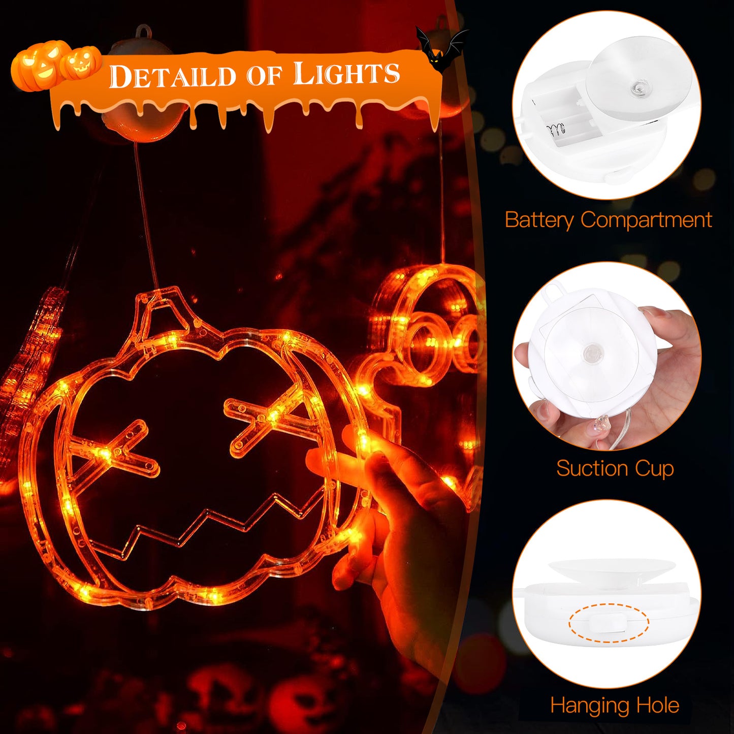 Halloween LED Window Lights 3-Pack – Spider, Witch Hat & Pumpkin Glow – Easy Hang Décor 🎃