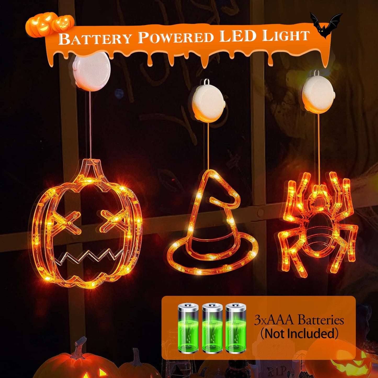 Halloween LED Window Lights 3-Pack – Spider, Witch Hat & Pumpkin Glow – Easy Hang Décor 🎃