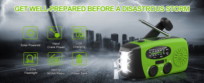 "Zonne-noodradio en powerbank – AM/FM/NOAA-weer, LED-zaklamp"