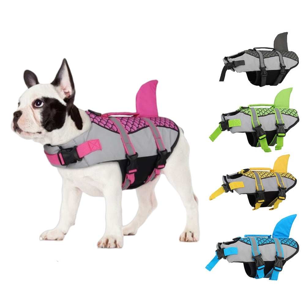 Dog Life Jacket with Shark Fin, Adjustable Pet Float Vest with Reflective Stripes and Life Handle, Life Buoy