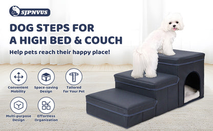 "Solidne Składane Schodki dla Psa z Przechowalnią – 3-Poziomowa Antypoślizgowa Rampka z Wytrzymałej Tkaniny Oxford, Idealna dla Małych i Średnich Ras, do Wysokich Łóżek i Kanap"