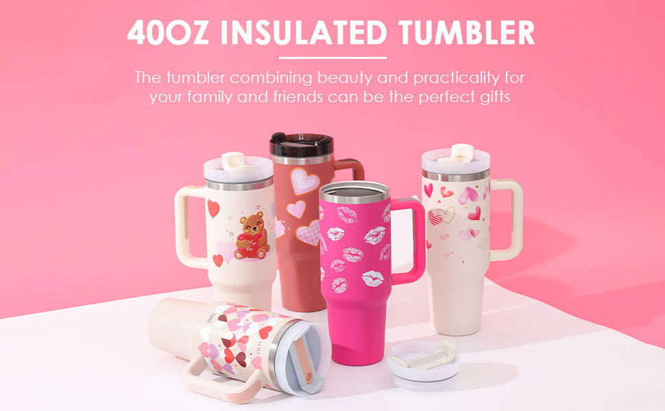 40 oz Insulated Tumbler with Handle & Straw – Stainless Steel Spill-Proof Travel Mug with Lid, Fits Car Cup Holder – Coffee Cup Gift for Valentine, Office, Gym, or Travel