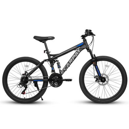 Mountain Bike 21-Inch with Full Suspension, 21 Speed Grip Shifters, High Carbon Steel Frame Mechanical Disc Brakes Unisex for Men, Women Adults for Trails
