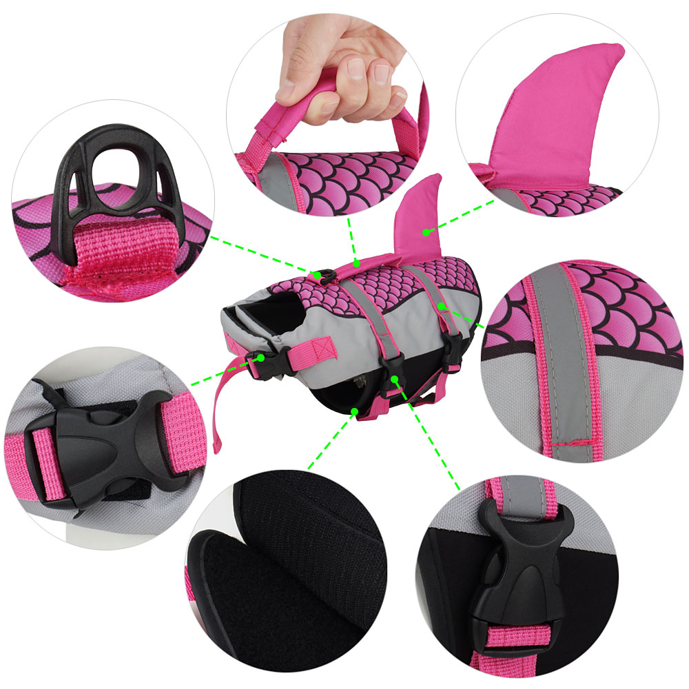 Dog Life Jacket with Shark Fin, Adjustable Pet Float Vest with Reflective Stripes and Life Handle, Life Buoy