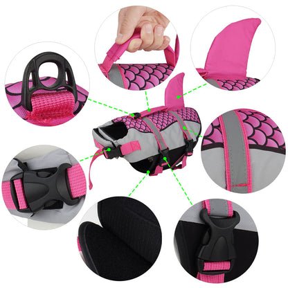 Dog Life Jacket with Shark Fin, Adjustable Pet Float Vest with Reflective Stripes and Life Handle, Life Buoy