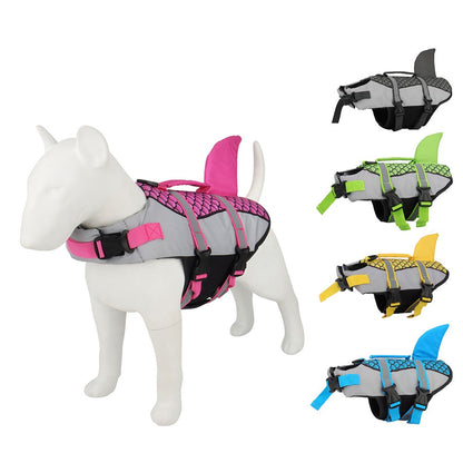 Dog Life Jacket with Shark Fin, Adjustable Pet Float Vest with Reflective Stripes and Life Handle, Life Buoy