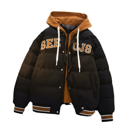 "Men's Winter Hooded Cotton Jacket 2023 – Trendy Thick Padded Coat, Stylish Warm Two-in-One Design – Fashionable Winter Wear for Men in the Netherlands"