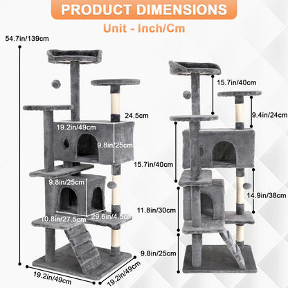 "Large Cat Tree Tower 54/70 Inch – Multi-Level Cat Condo with Hammock, Scratching Posts, Perches & Toys for Indoor Cats"