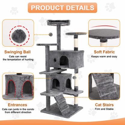 "Large Cat Tree Tower 54/70 Inch – Multi-Level Cat Condo with Hammock, Scratching Posts, Perches & Toys for Indoor Cats"