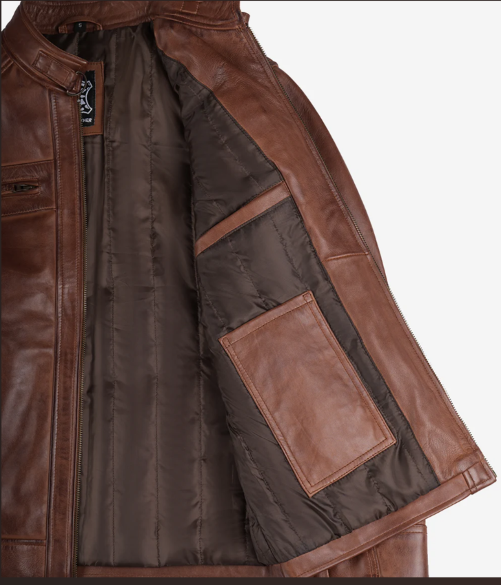 Men’s Cognac Brown in Black Quilted Leather Fashion Biker Jacket