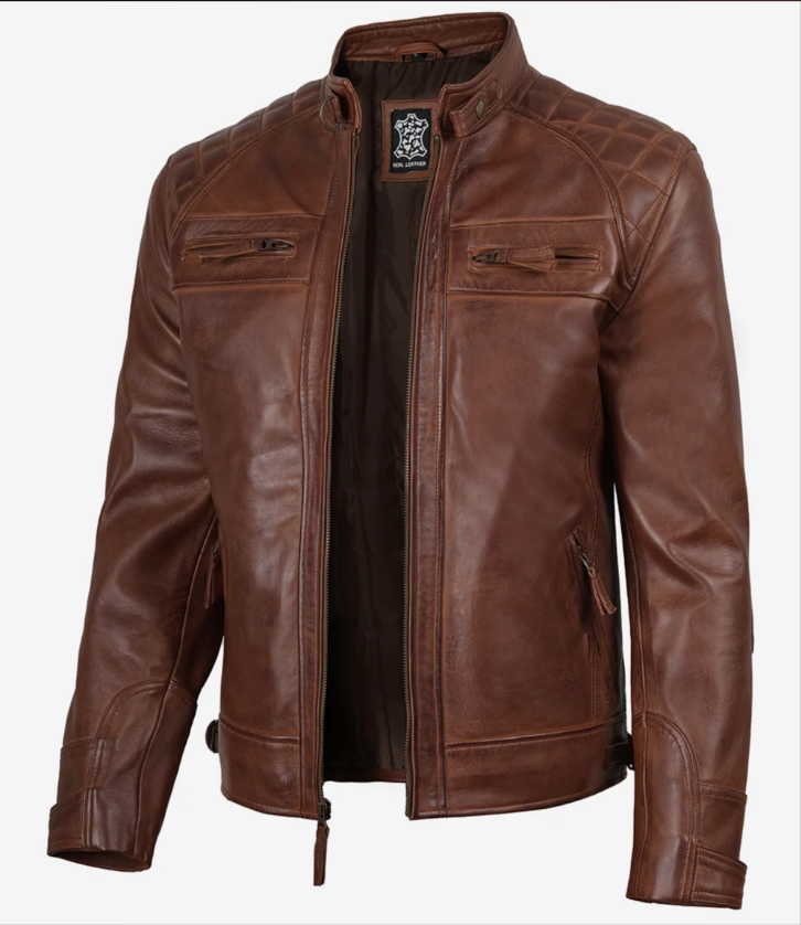 Men’s Cognac Brown in Black Quilted Leather Fashion Biker Jacket