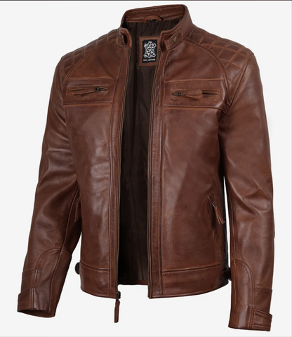 Men’s Cognac Brown in Black Quilted Leather Fashion Biker Jacket