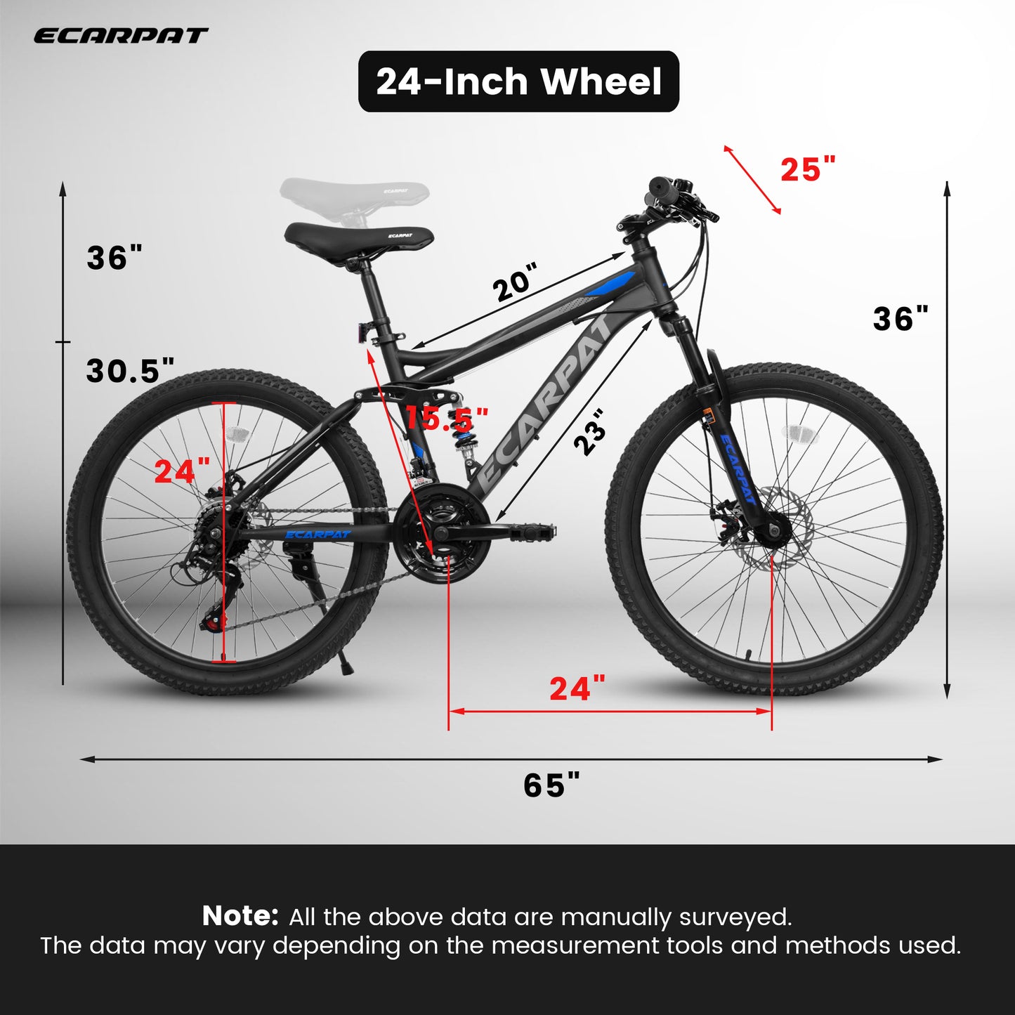 Mountain Bike 21-Inch with Full Suspension, 21 Speed Grip Shifters, High Carbon Steel Frame Mechanical Disc Brakes Unisex for Men, Women Adults for Trails