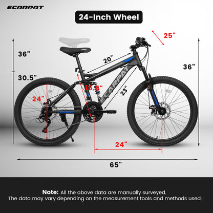 Mountain Bike 21-Inch with Full Suspension, 21 Speed Grip Shifters, High Carbon Steel Frame Mechanical Disc Brakes Unisex for Men, Women Adults for Trails