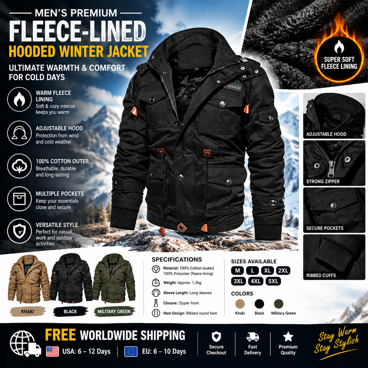 SPOSULEI Winter Jackets for Men Cotton Work Fleece Lined Army Jacket Winter Military Coat with Multi-Pockets