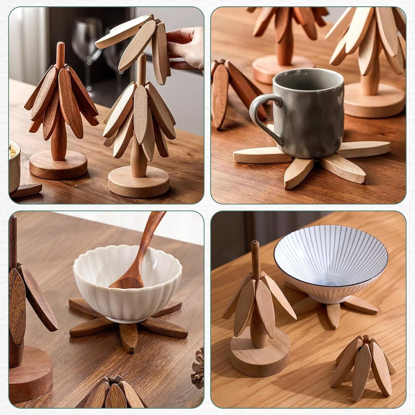 Luxury Wooden Christmas Tree Folding Coaster Set – Premium Black Walnut, Heat-Resistant & Smart Space-Saving Design