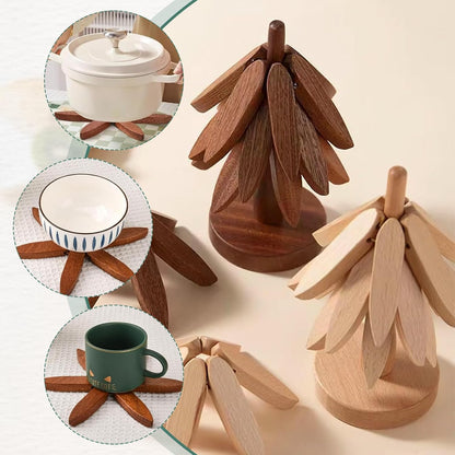 Luxury Wooden Christmas Tree Folding Coaster Set – Premium Black Walnut, Heat-Resistant & Smart Space-Saving Design