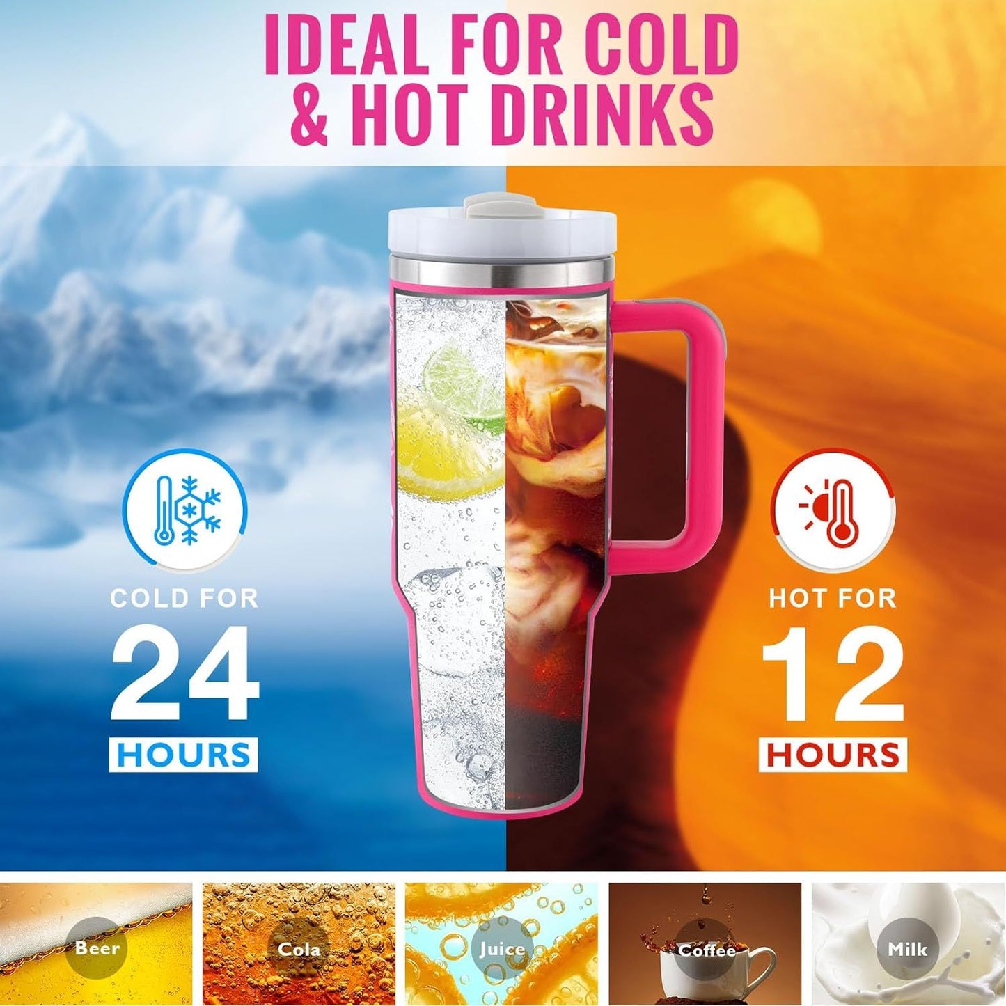 40 oz Insulated Tumbler with Handle & Straw – Stainless Steel Spill-Proof Travel Mug with Lid, Fits Car Cup Holder – Coffee Cup Gift for Valentine, Office, Gym, or Travel
