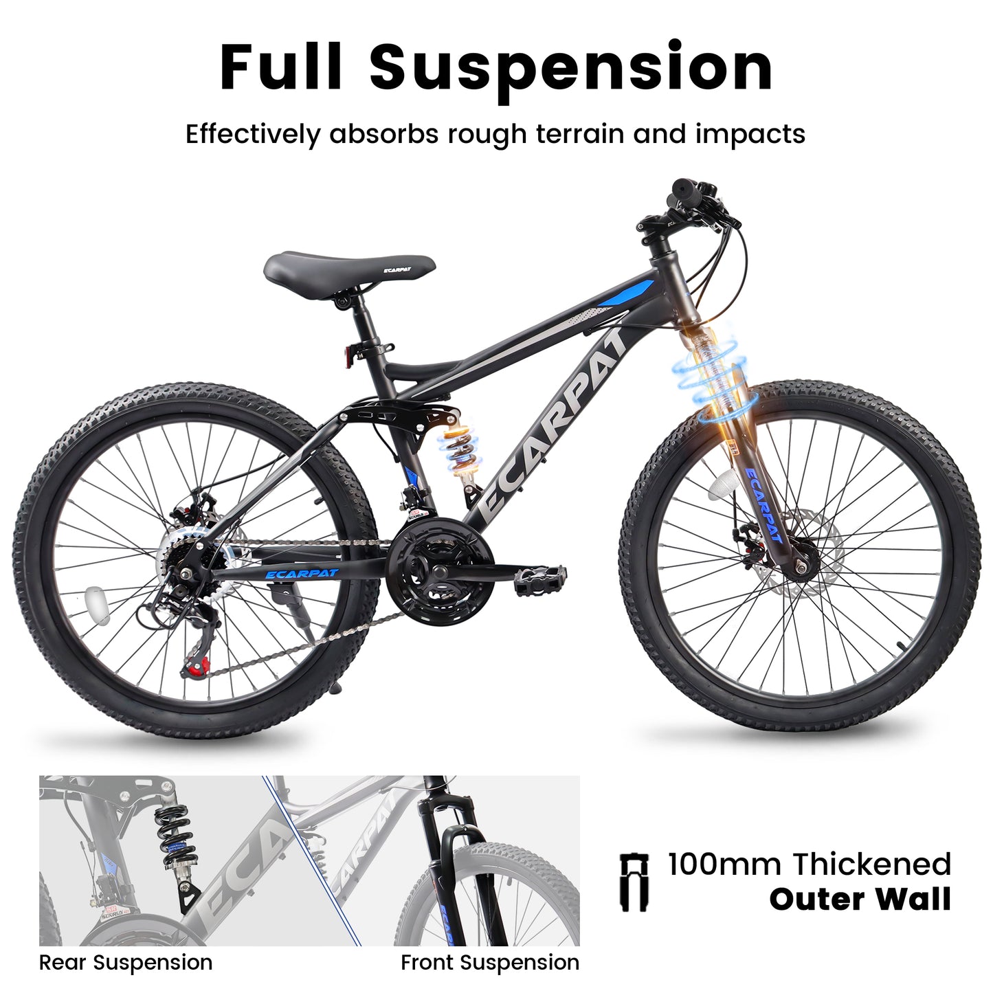 Mountain Bike 21-Inch with Full Suspension, 21 Speed Grip Shifters, High Carbon Steel Frame Mechanical Disc Brakes Unisex for Men, Women Adults for Trails