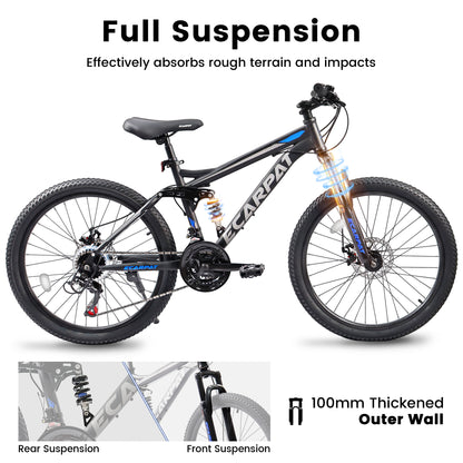 Mountain Bike 21-Inch with Full Suspension, 21 Speed Grip Shifters, High Carbon Steel Frame Mechanical Disc Brakes Unisex for Men, Women Adults for Trails