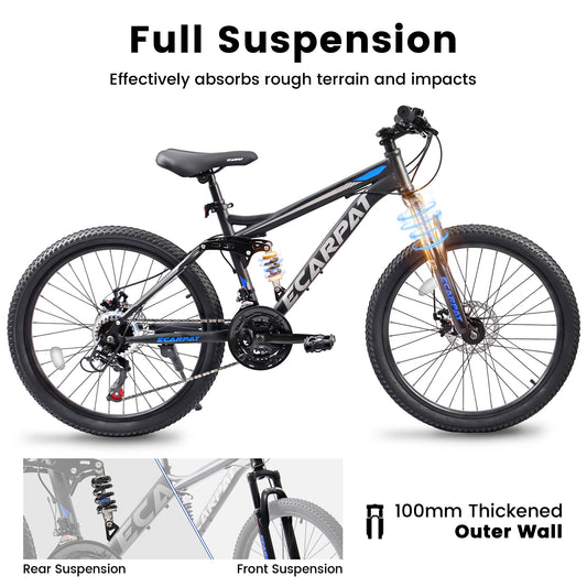 Mountain Bike 21-Inch with Full Suspension, 21 Speed Grip Shifters, High Carbon Steel Frame Mechanical Disc Brakes Unisex for Men, Women Adults for Trails