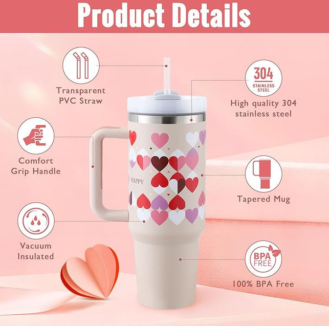 40 oz Insulated Tumbler with Handle & Straw – Stainless Steel Spill-Proof Travel Mug with Lid, Fits Car Cup Holder – Coffee Cup Gift for Valentine, Office, Gym, or Travel