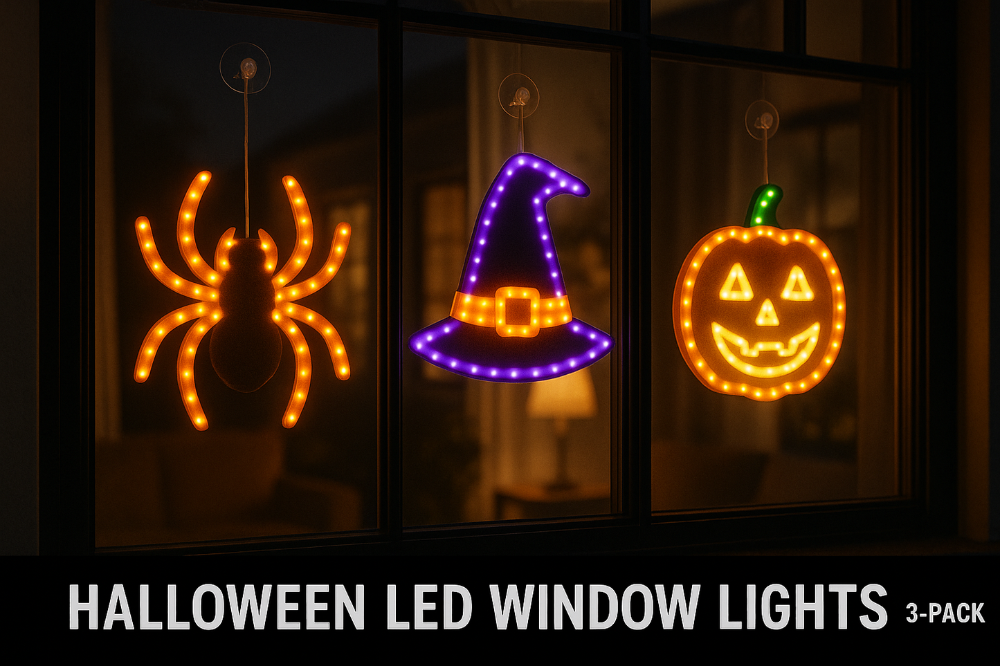 Halloween LED Window Lights 3-Pack – Spider, Witch Hat & Pumpkin Glow – Easy Hang Décor 🎃