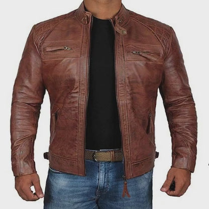Men’s Cognac Brown in Black Quilted Leather Fashion Biker Jacket