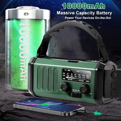 Noodradio Engels - Met NL Handleiding - 2025 - Solar Powerbank - 10.000mAh - Opwindbaar - Noodalarm - Draagbare radio op batterij - Zaklamp - Noodpakket - Groen - Legergroen 