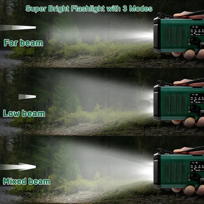 Noodradio Engels - Met NL Handleiding - 2025 - Solar Powerbank - 10.000mAh - Opwindbaar - Noodalarm - Draagbare radio op batterij - Zaklamp - Noodpakket - Groen - Legergroen 